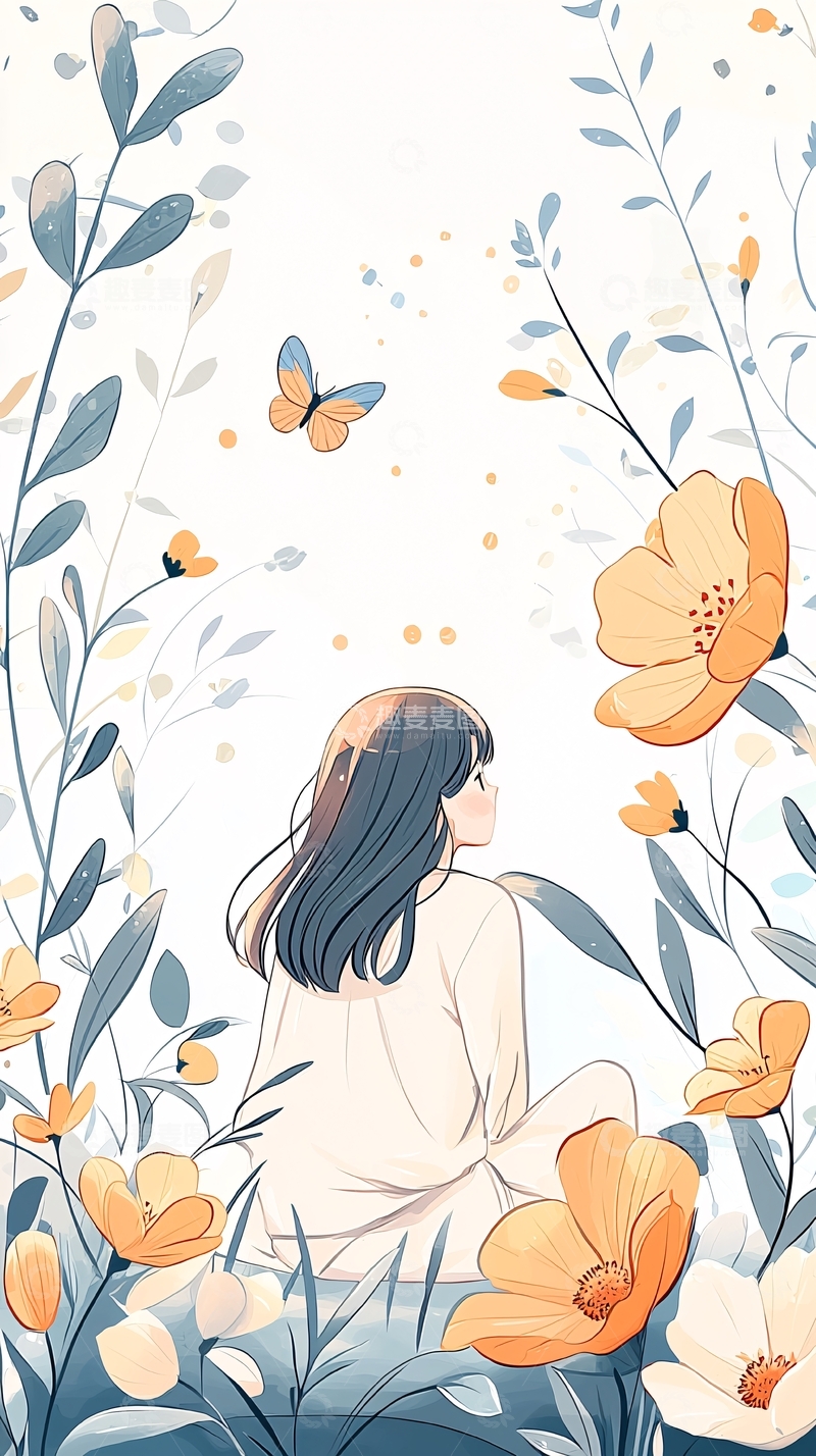 高清大图下载【趣麦麦图】秋日花海中的少女背影