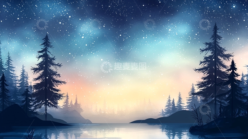 高清大图下载【趣麦麦图】冬夜湖畔松林静谧
