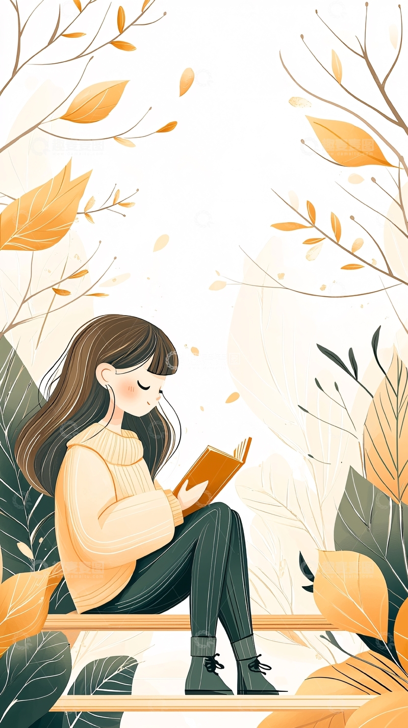 高清大图下载【趣麦麦图】秋日阅读女孩插画