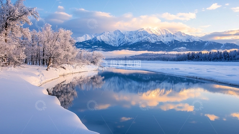 高清大图下载【趣麦麦图】冬日雪山倒影湖畔美景