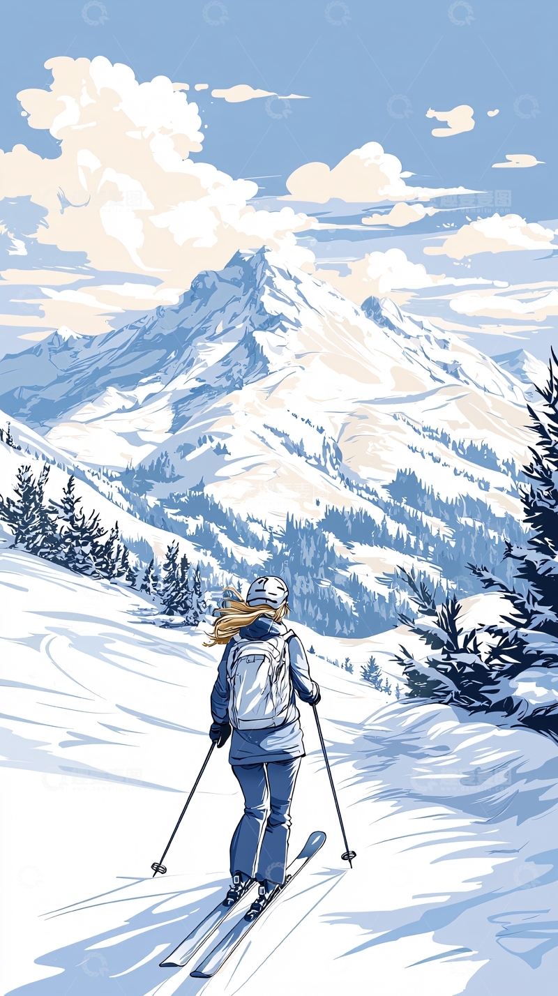 高清大图下载【趣麦麦图】冬季滑雪风景插画