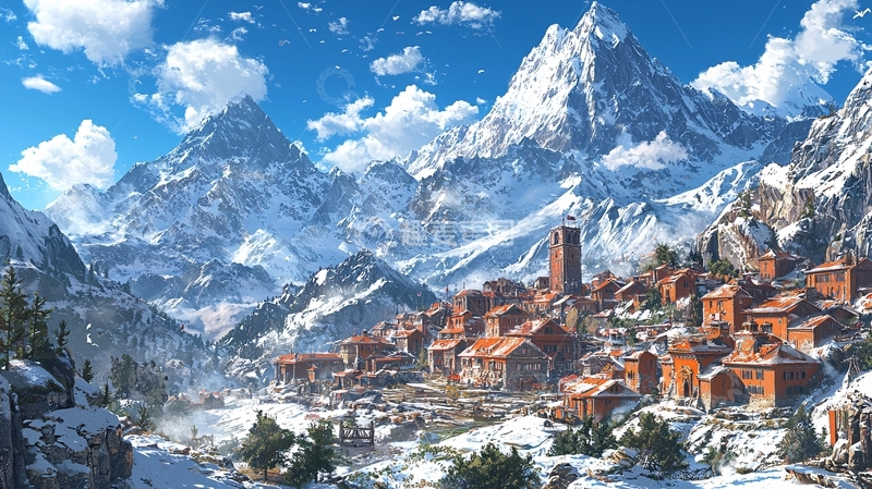 高清大图下载【趣麦麦图】雪景中的山间小镇