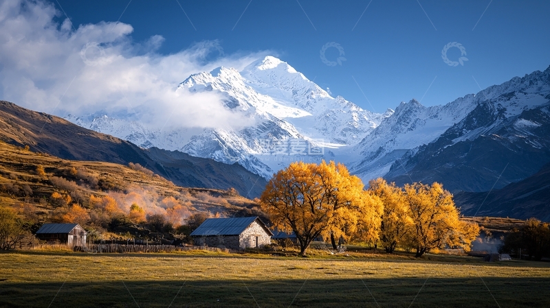 高清大图下载【趣麦麦图】秋日山间小屋与雪山