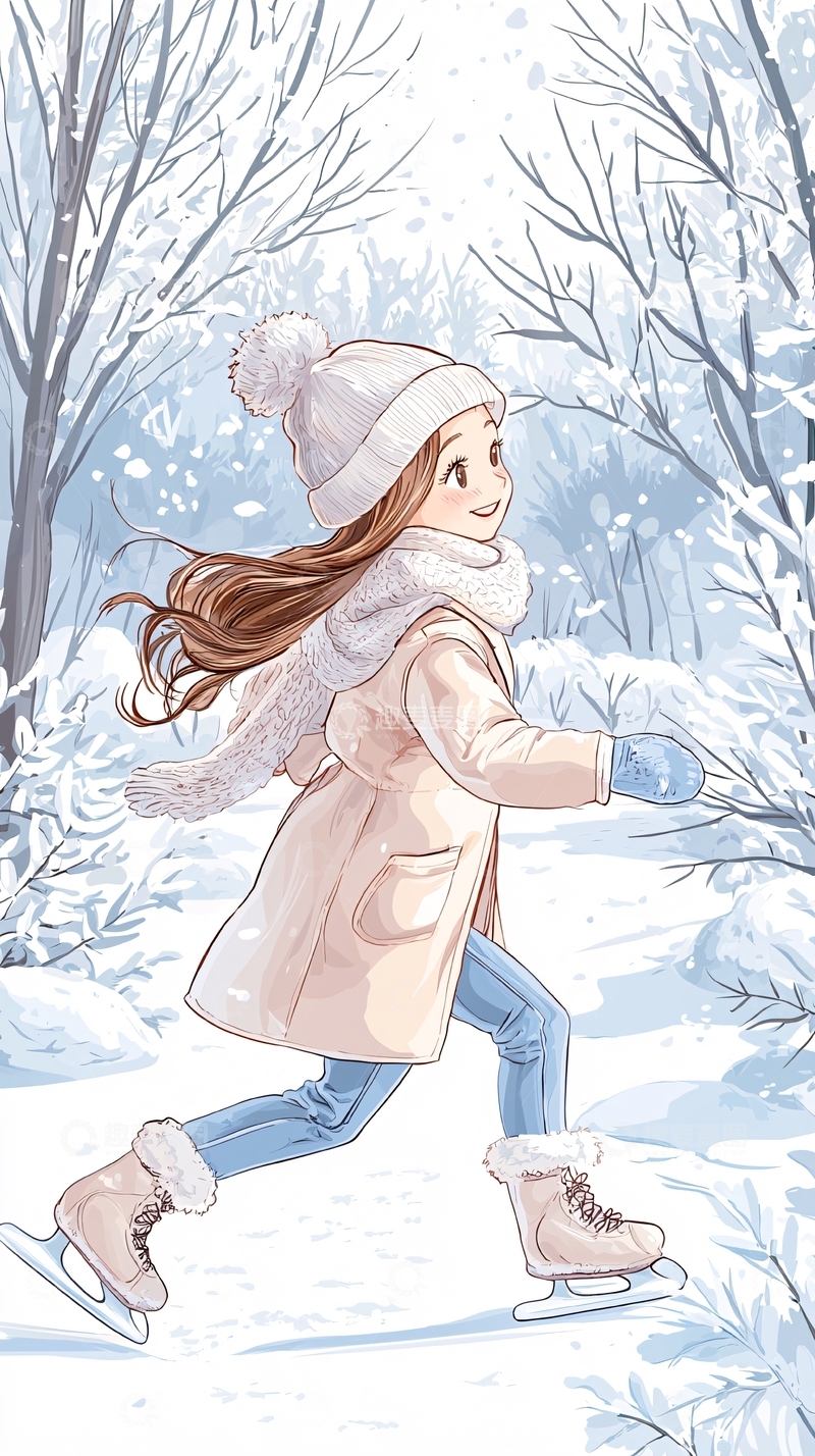 高清大图下载【趣麦麦图】冬日滑冰女孩插画