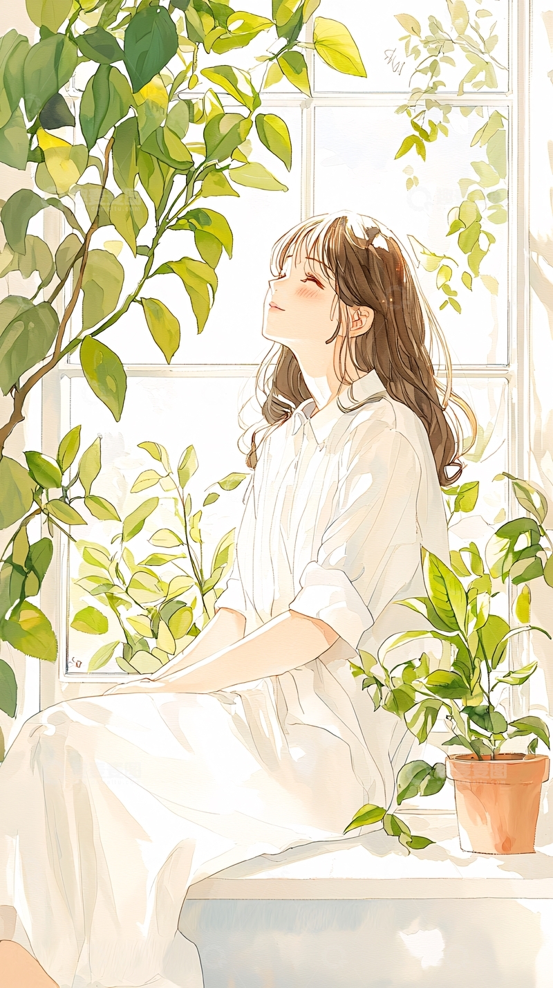 高清大图下载【趣麦麦图】阳光下的女孩与绿植