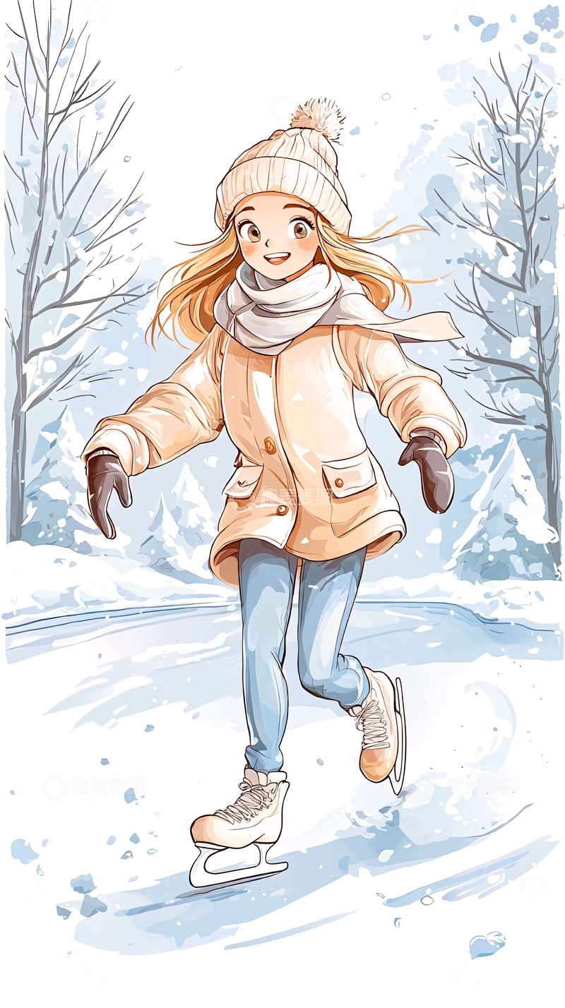 高清大图下载【趣麦麦图】冬季滑冰女孩插画