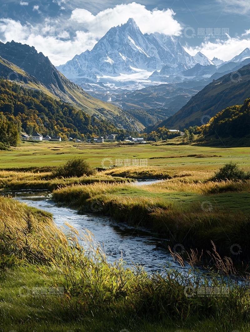 高清大图下载【趣麦麦图】阿尔卑斯山下的宁静山谷