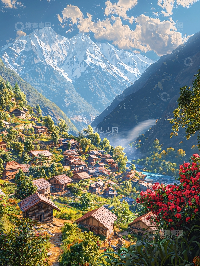 高清大图下载【趣麦麦图】雪山下的村庄风景