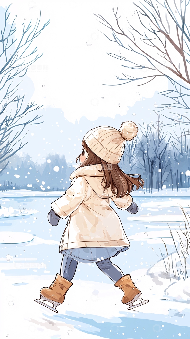 高清大图下载【趣麦麦图】冬日滑冰女孩插画