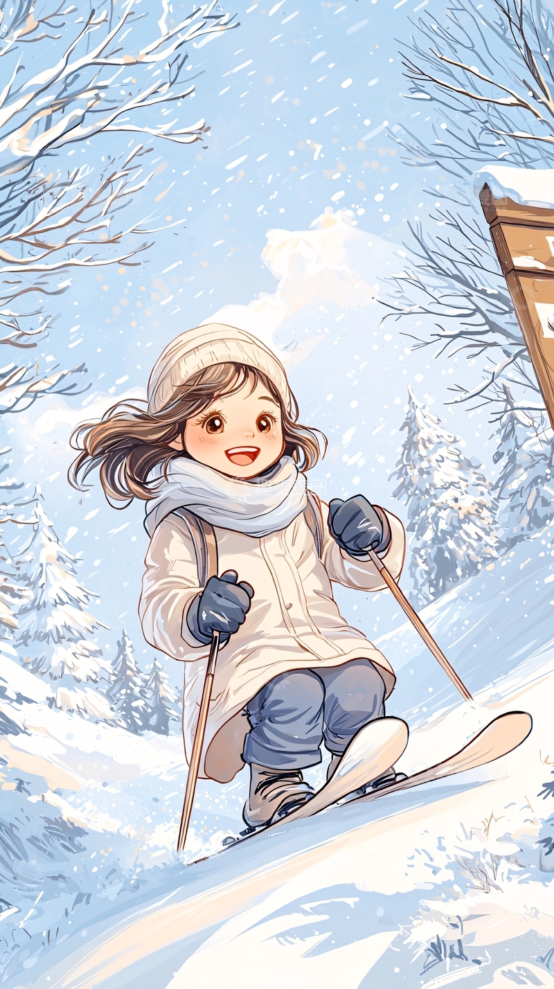 高清大图下载【趣麦麦图】冬日滑雪少女插画