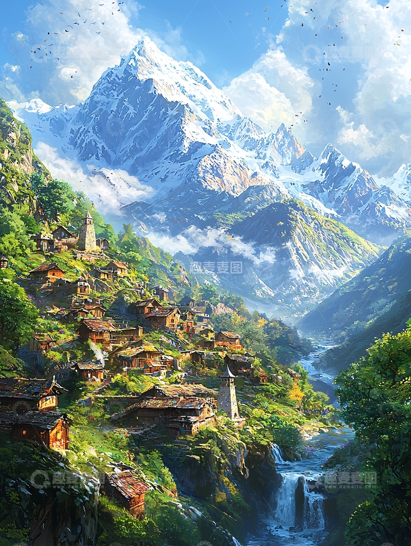高清大图下载【趣麦麦图】雪山下的村庄瀑布风景