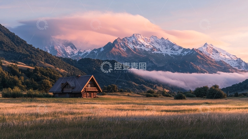 高清大图下载【趣麦麦图】雪山下的木屋晨曦