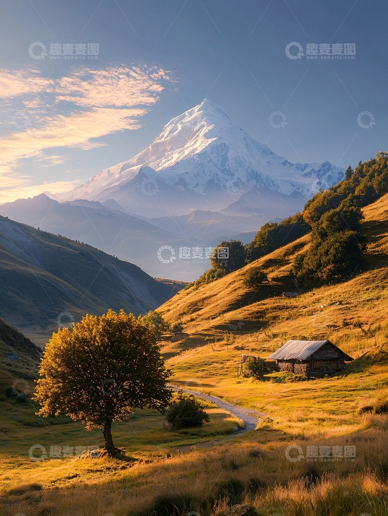 高清大图下载【趣麦麦图】雪山下的小屋与孤独树