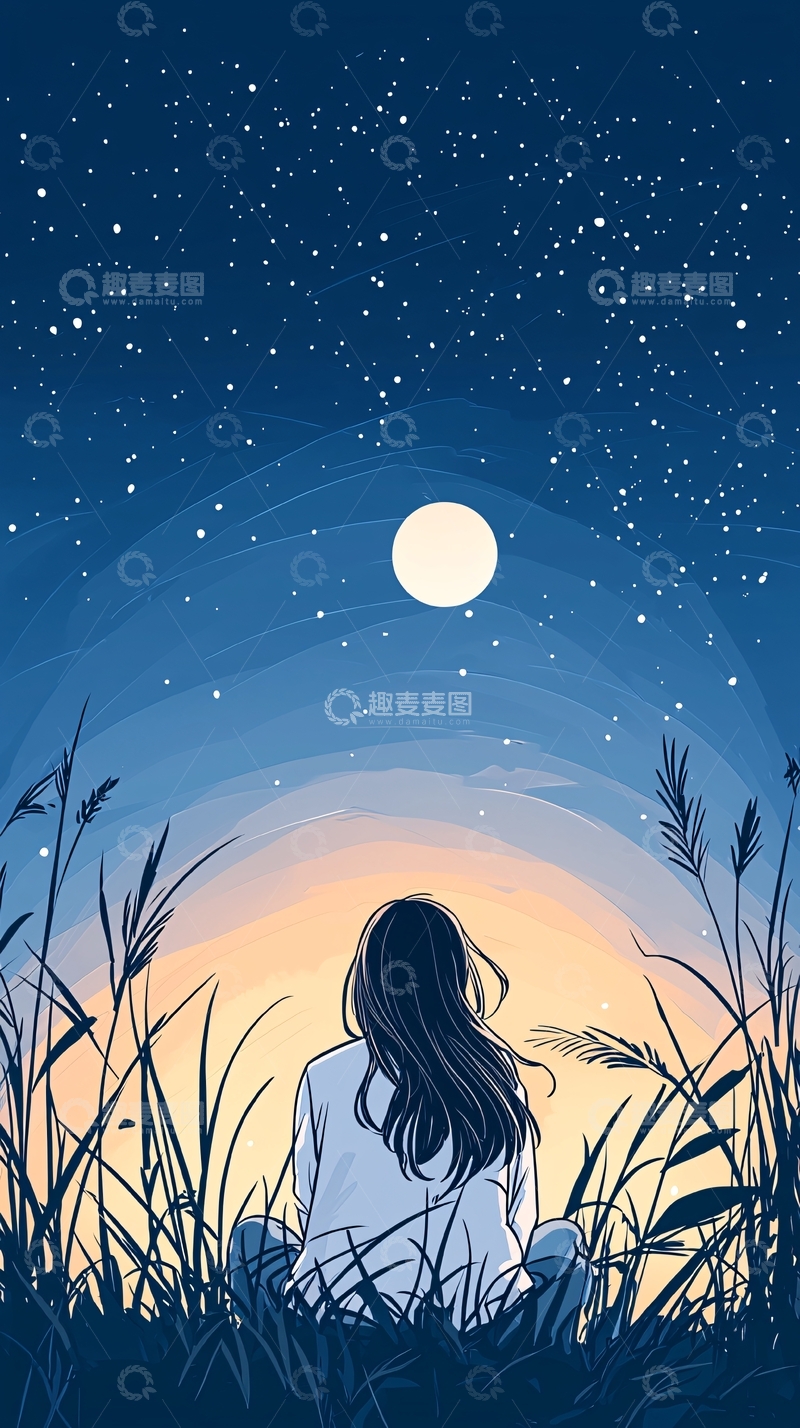 高清大图下载【趣麦麦图】夜空下的女孩剪影