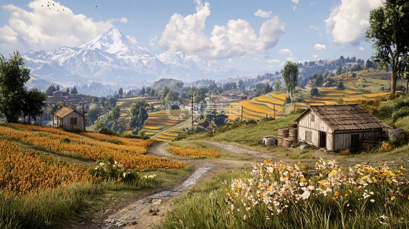 高清大图下载【趣麦麦图】山间小屋与梯田风景