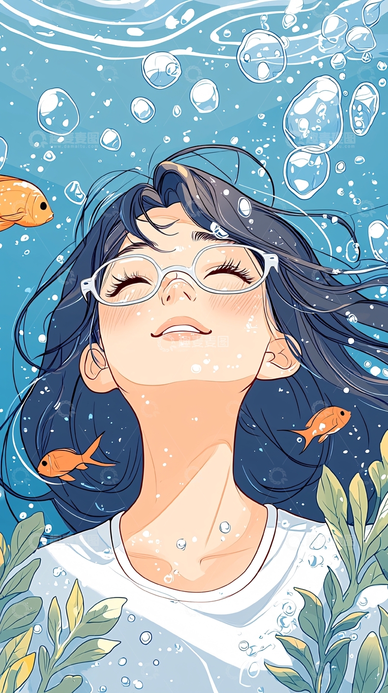 高清大图下载【趣麦麦图】水下女孩与小鱼