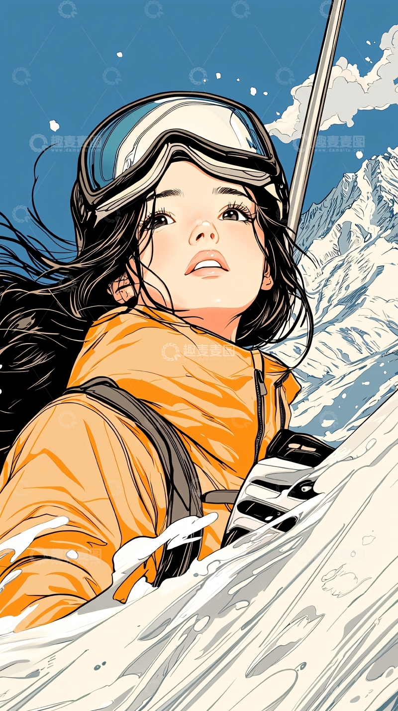 高清大图下载【趣麦麦图】滑雪少女雪山冒险