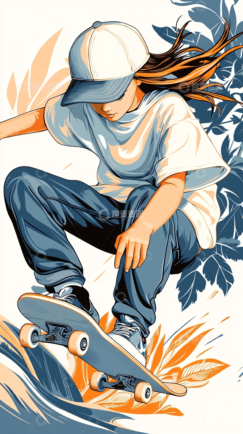 高清大图下载【趣麦麦图】滑板少年动态插画