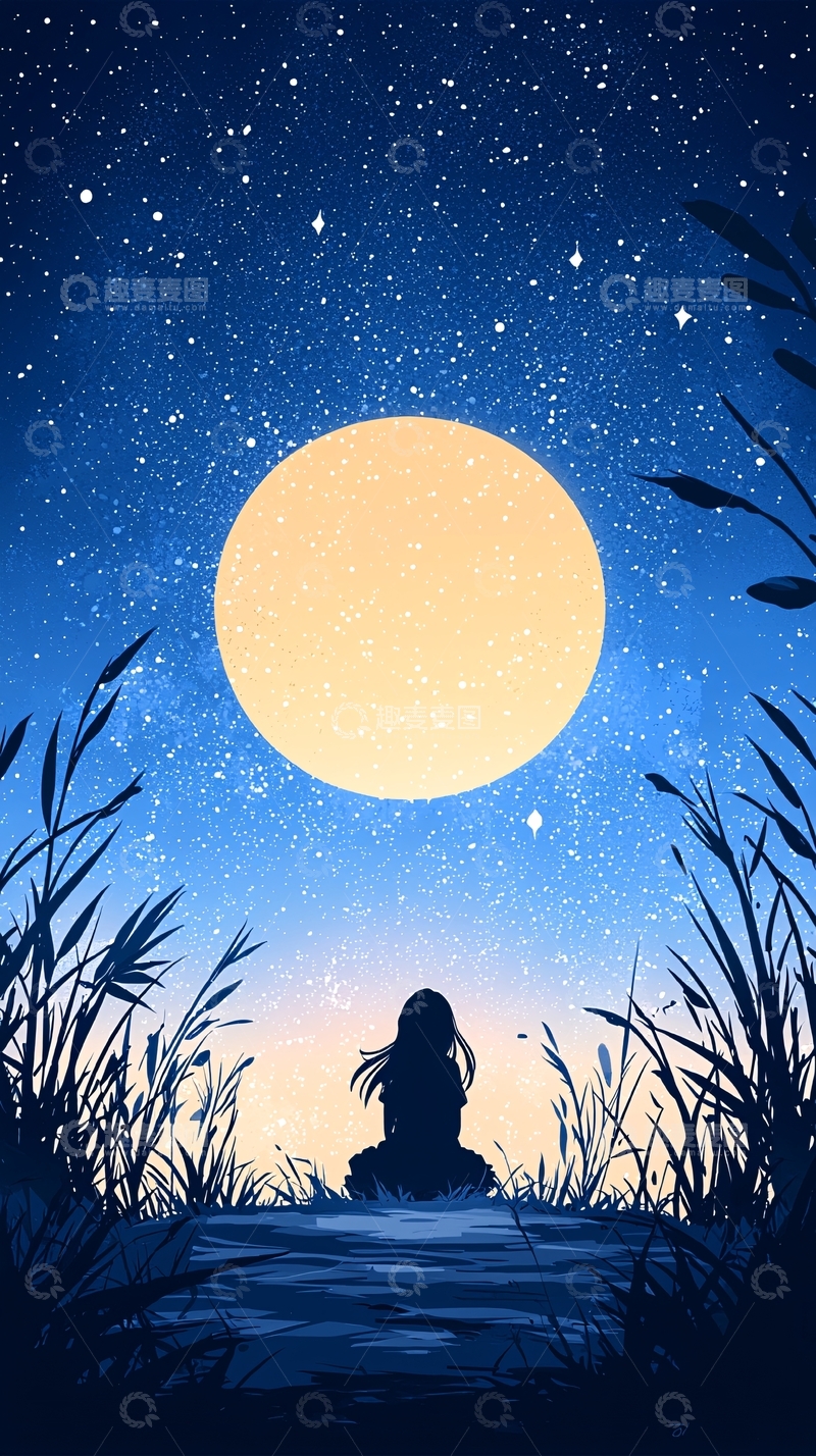 高清大图下载【趣麦麦图】夜空下的孤独女孩剪影