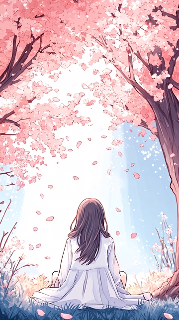 樱花树下静坐的女孩