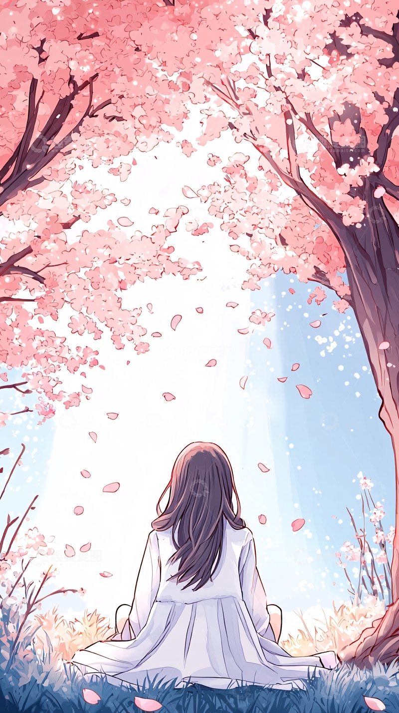 高清大图下载【趣麦麦图】樱花树下静坐的女孩