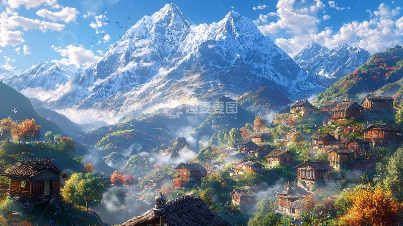 高清大图下载【趣麦麦图】雪山下的村庄秋景