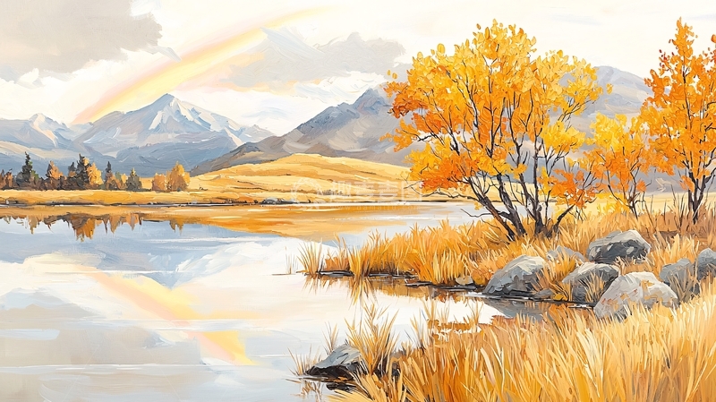 高清大图下载【趣麦麦图】秋日湖畔雪山风景