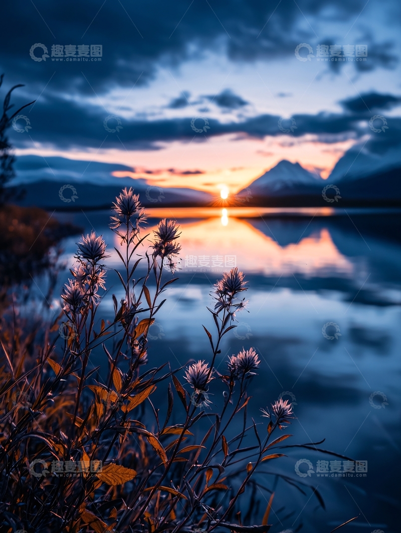 高清大图下载【趣麦麦图】湖畔夕阳下的野花