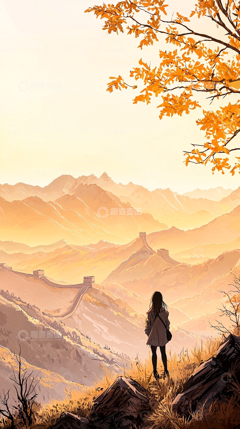 高清大图下载【趣麦麦图】秋日长城下的孤独背影