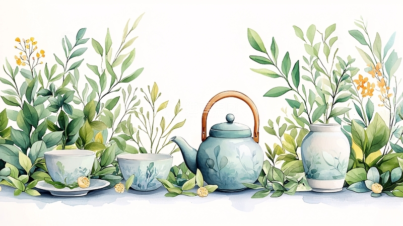 高清大图下载【趣麦麦图】清新茶具与自然植物插画