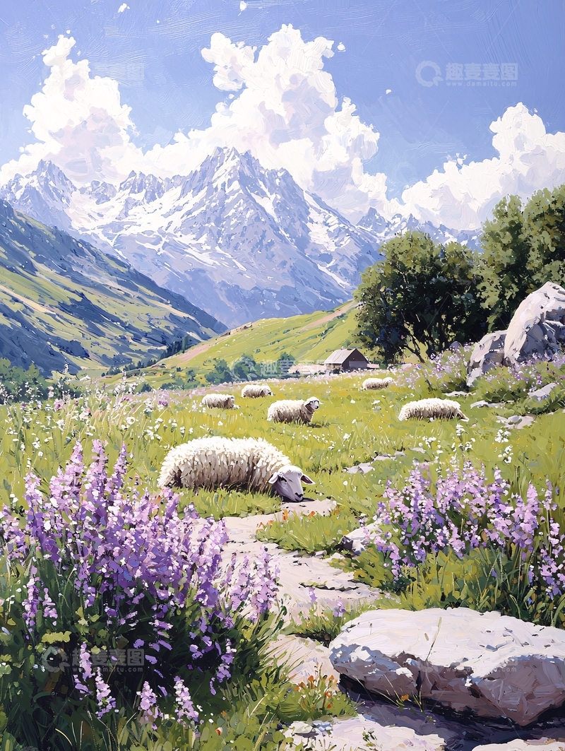 高清大图下载【趣麦麦图】阿尔卑斯山下的羊群与野花