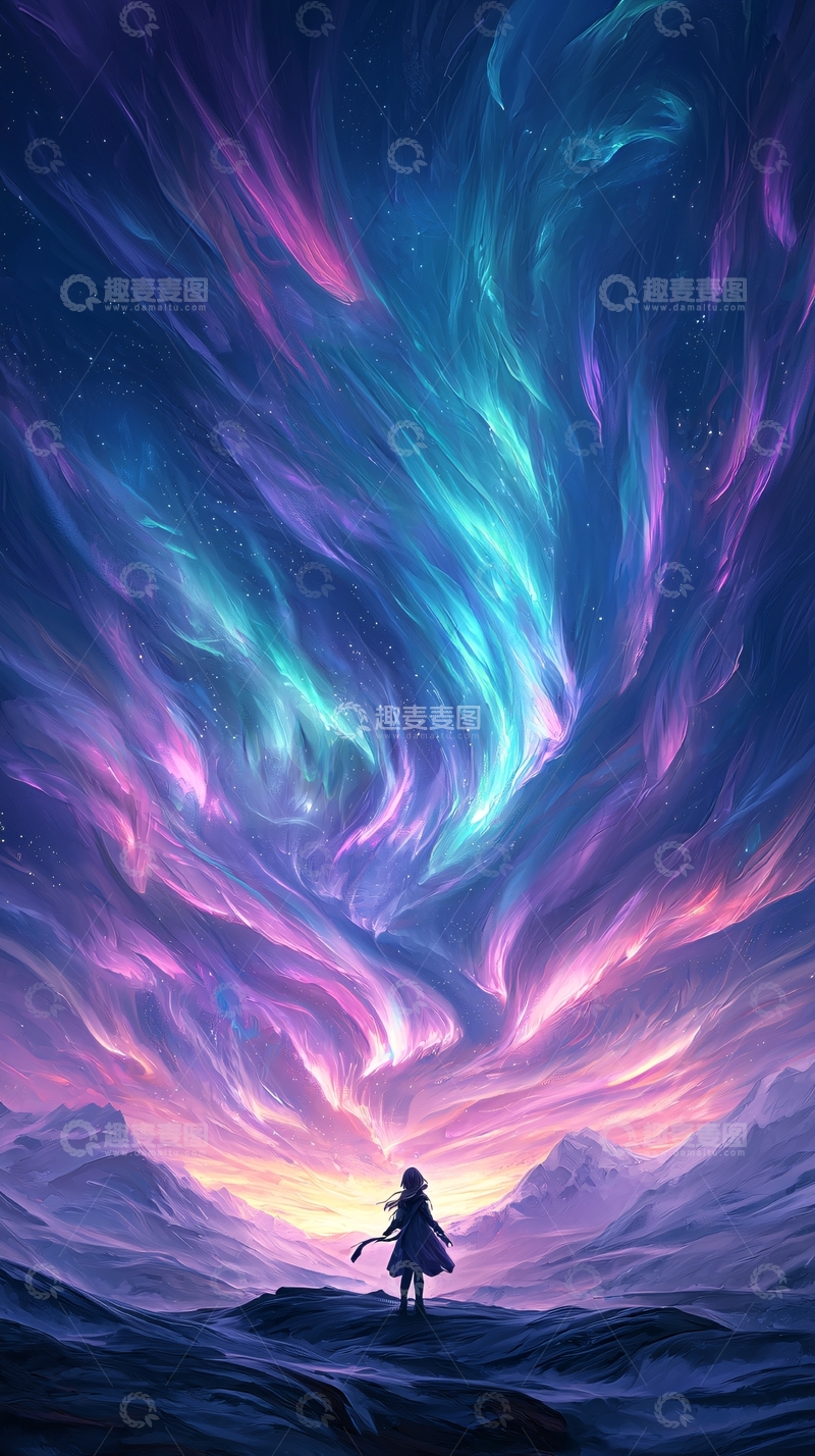 高清大图下载【趣麦麦图】梦幻极光下的孤独旅者