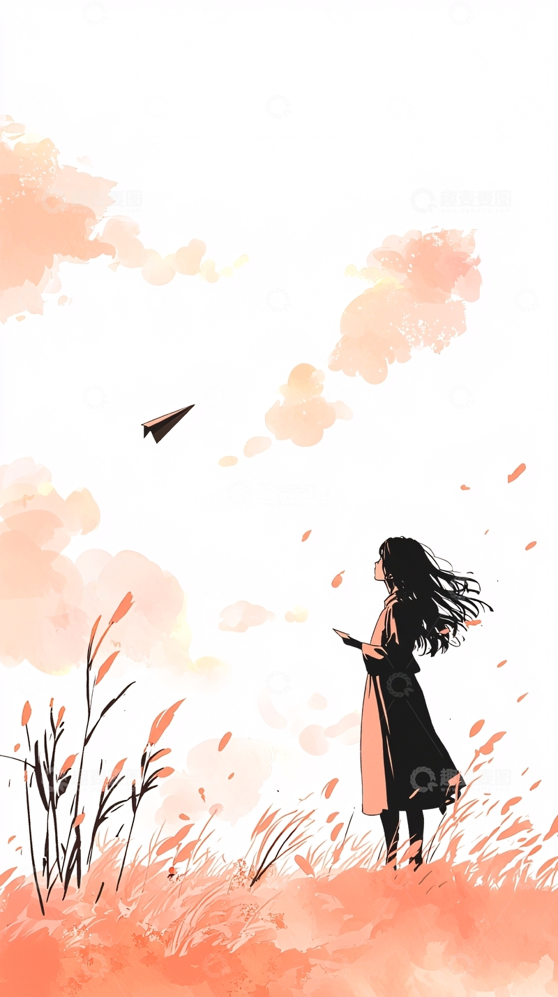 高清大图下载【趣麦麦图】秋日纸飞机女孩剪影