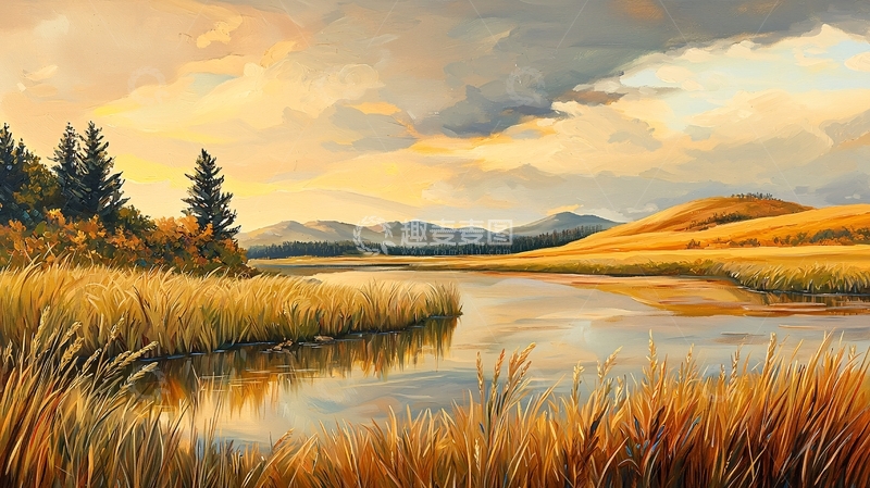 高清大图下载【趣麦麦图】秋日湖畔风景画