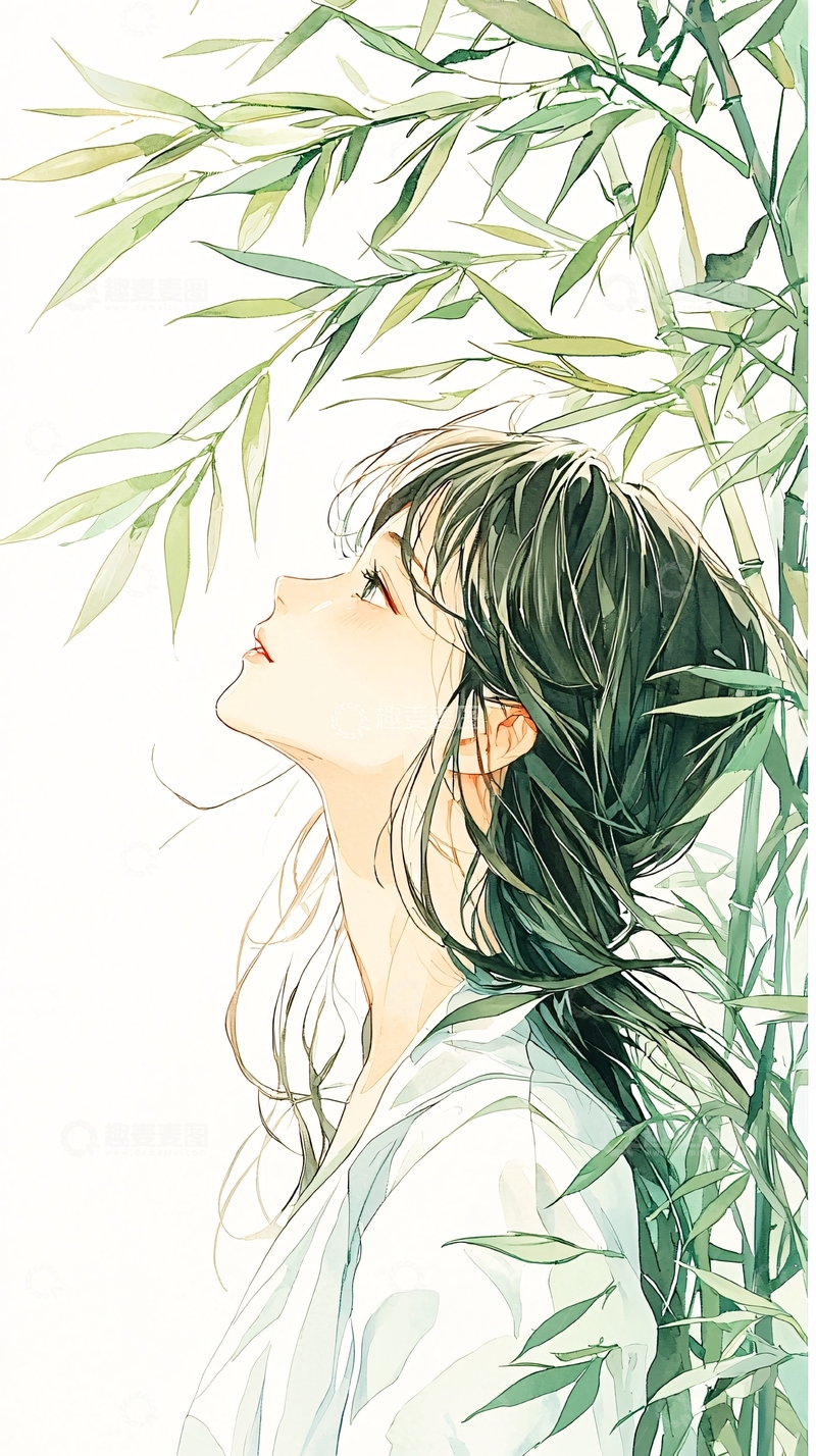 高清大图下载【趣麦麦图】竹林中的少女