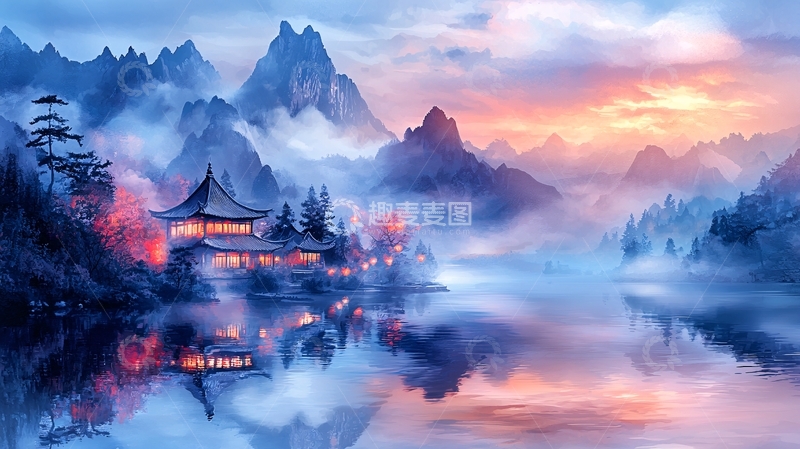 高清大图下载【趣麦麦图】梦幻山水画廊：晨雾中的古亭