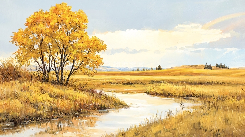 高清大图下载【趣麦麦图】秋日田野小溪风景画