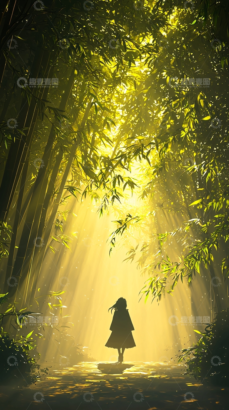 高清大图下载【趣麦麦图】竹林中的光影与女孩