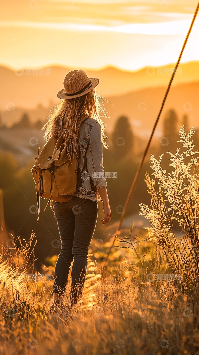 高清大图下载【趣麦麦图】夕阳下的徒步旅行者