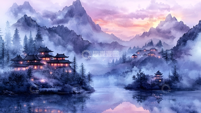 高清大图下载【趣麦麦图】梦幻山水古村落夜景