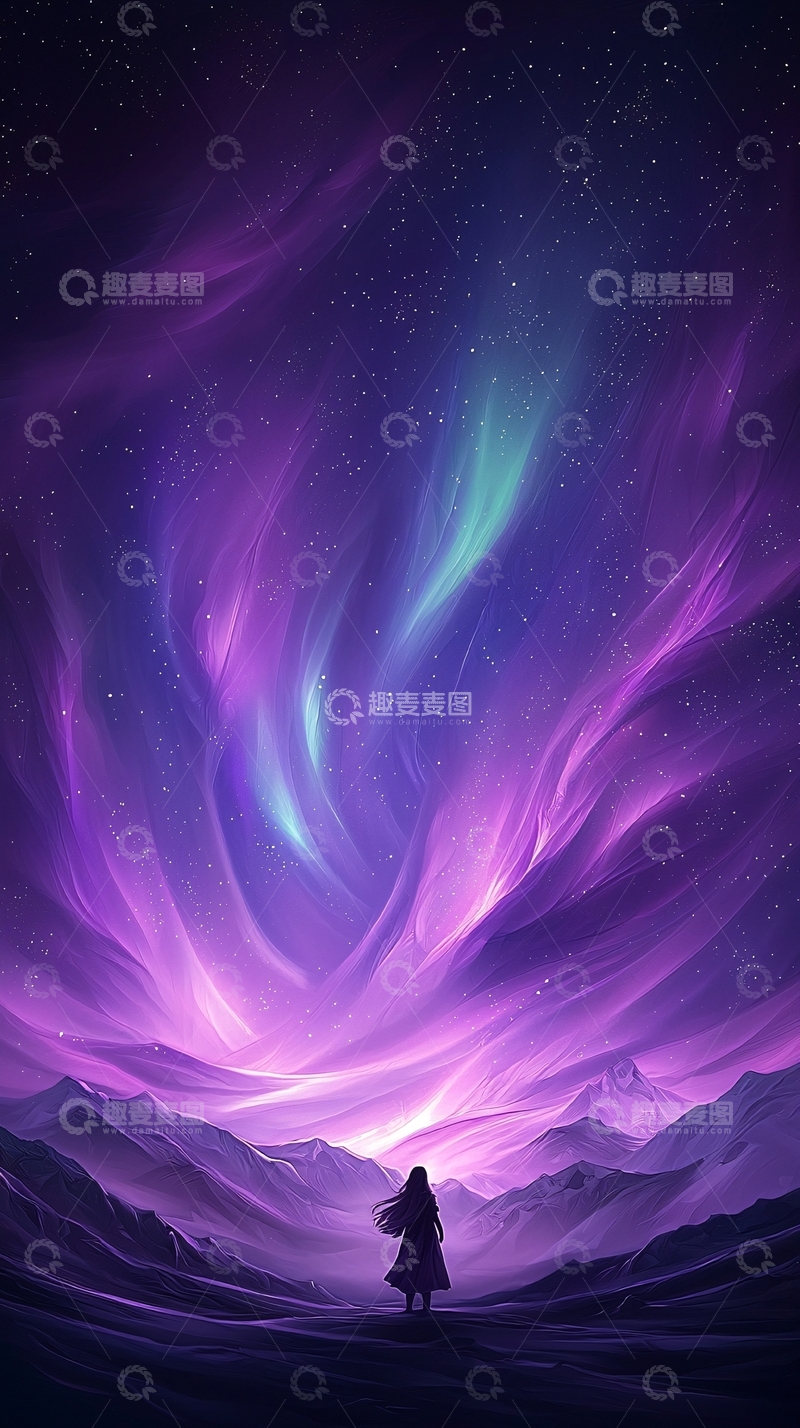 高清大图下载【趣麦麦图】极光下的孤独旅人