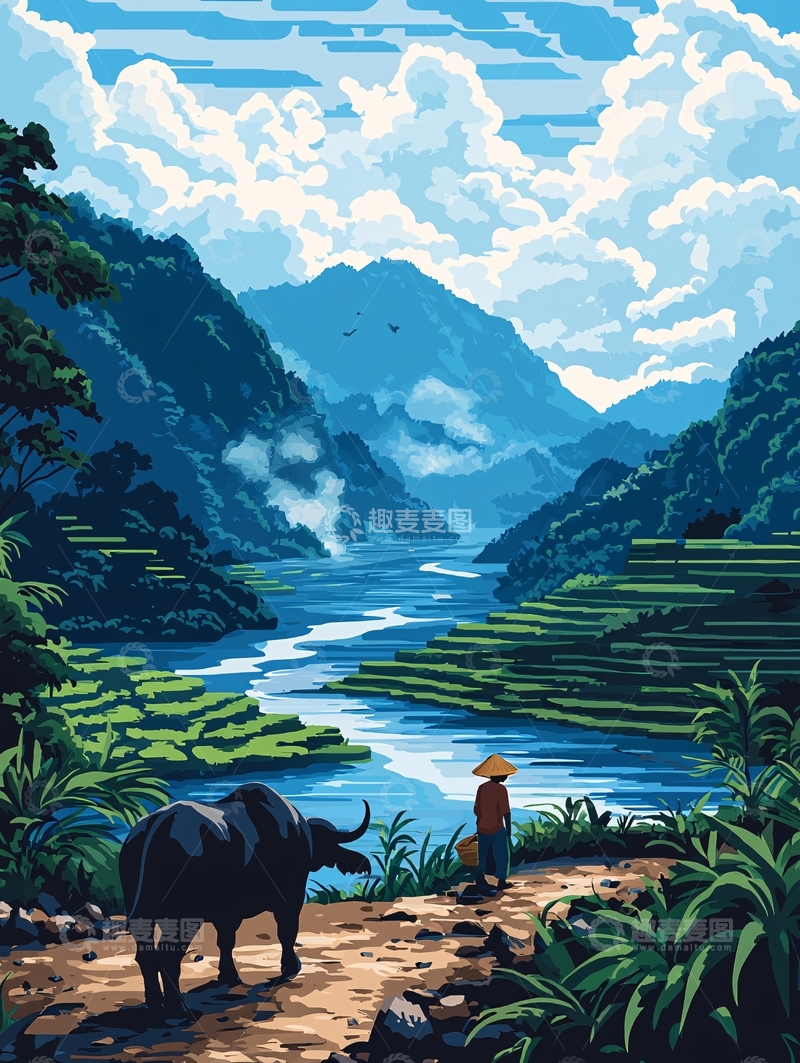 高清大图下载【趣麦麦图】山水田园牧牛图