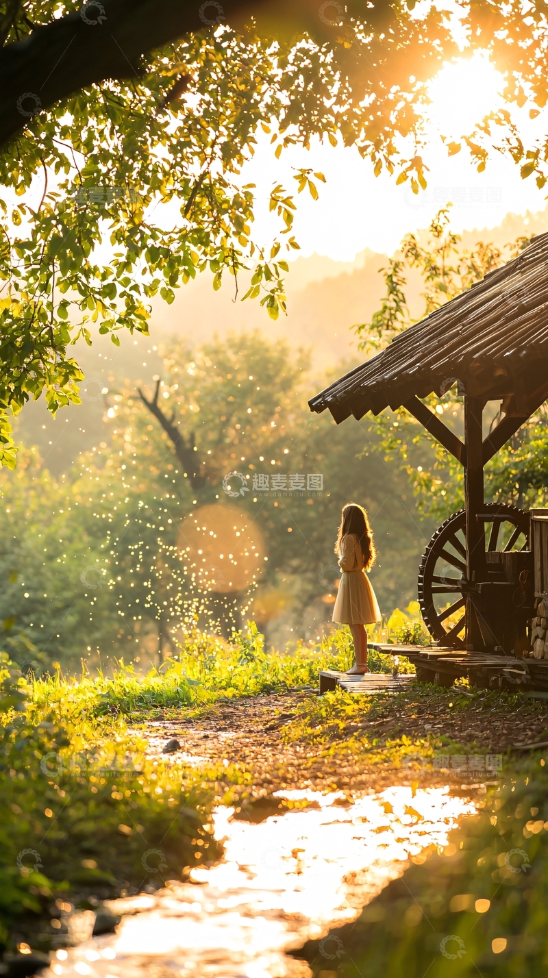 高清大图下载【趣麦麦图】夕阳下的乡村小径与女孩