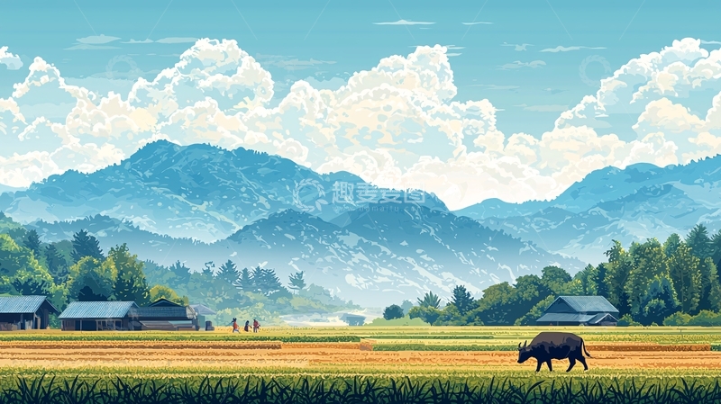 高清大图下载【趣麦麦图】山间田野牛耕图