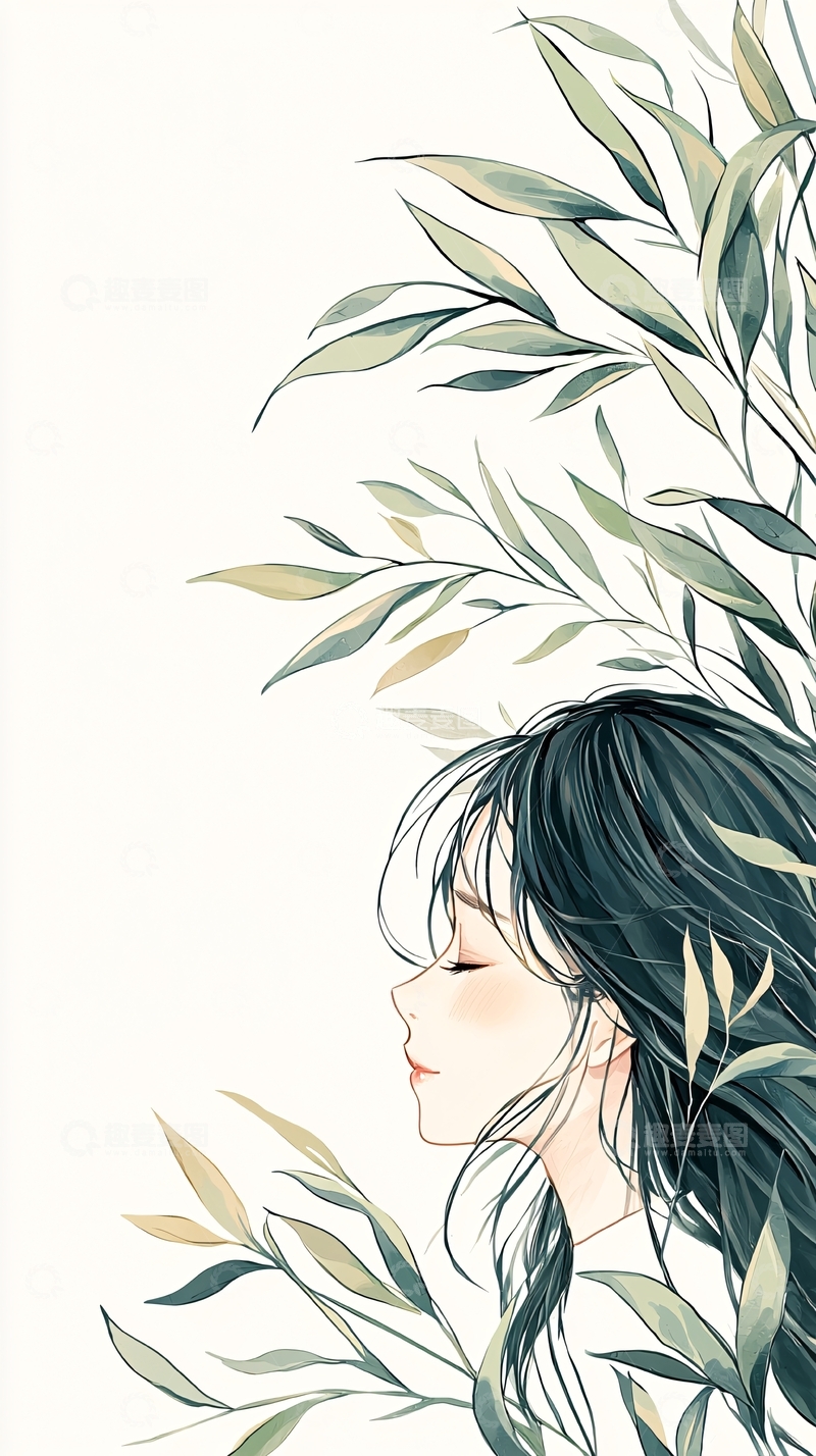 高清大图下载【趣麦麦图】清风拂面的少女与绿叶