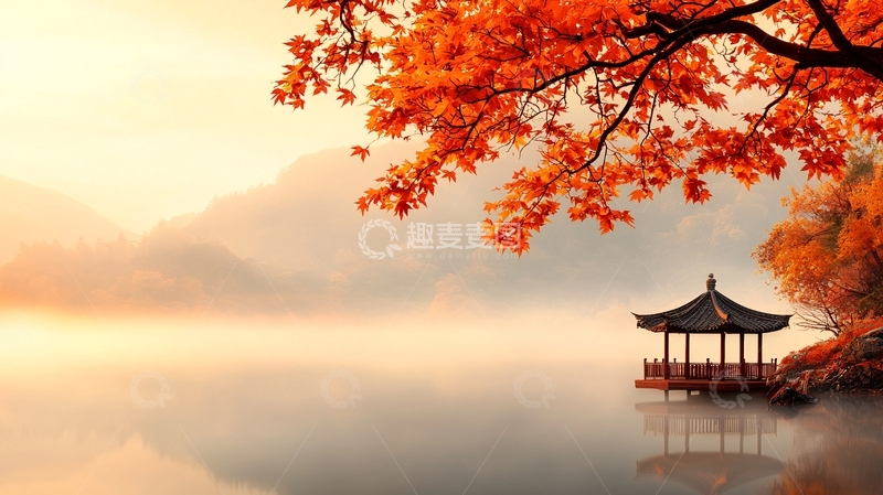 高清大图下载【趣麦麦图】秋日湖畔亭阁