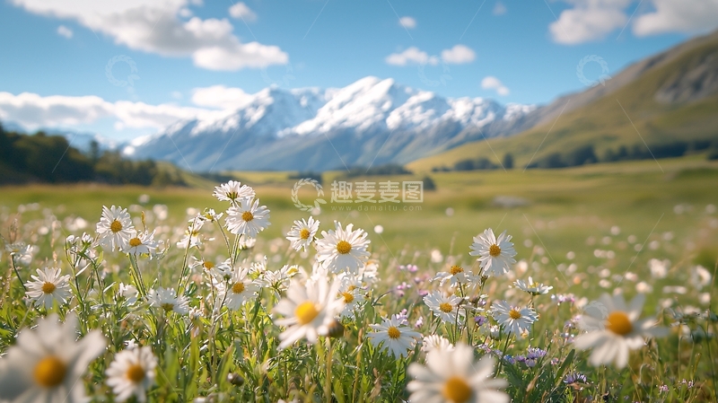 高清大图下载【趣麦麦图】雪山下的雏菊田野风光