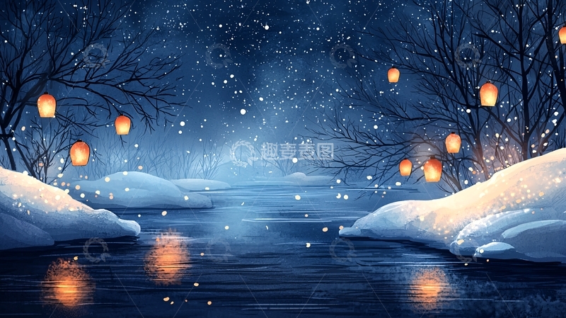 高清大图下载【趣麦麦图】冬夜河畔灯笼飘雪