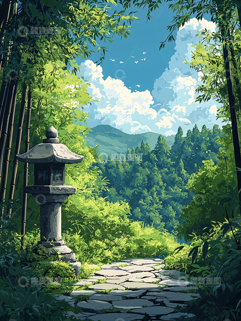 高清大图下载【趣麦麦图】竹林小径石灯笼