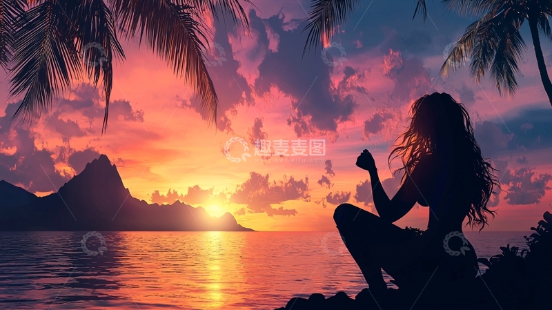 高清大图下载【趣麦麦图】日落海滩冥想女孩剪影